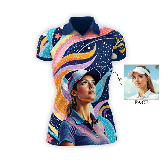 Custom Face Artistic Golf Polo Shirt for Women - Mosaic Design Style 12