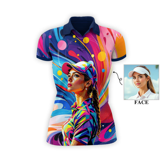 Custom Face Artistic Golf Polo Shirt for Women - Mosaic Design Style 27