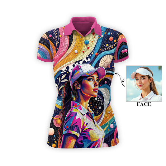 Custom Face Artistic Golf Polo Shirt for Women - Mosaic Design Style 11