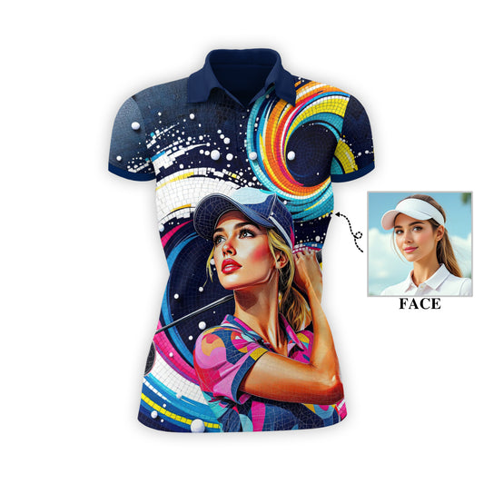 Custom Face Artistic Golf Polo Shirt for Women - Mosaic Design Style 19