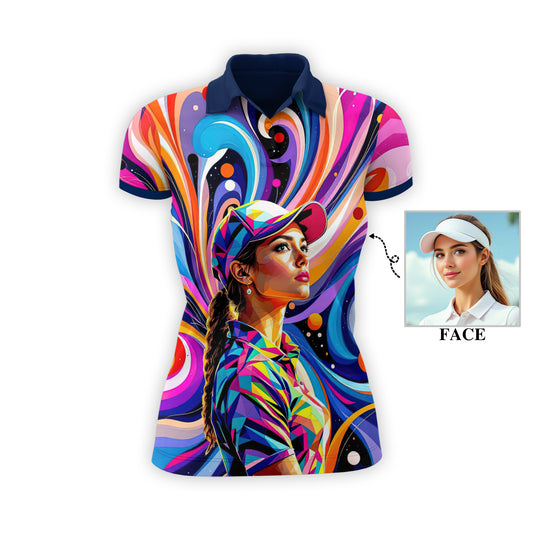 Custom Face Artistic Golf Polo Shirt for Women - Mosaic Design Style 28