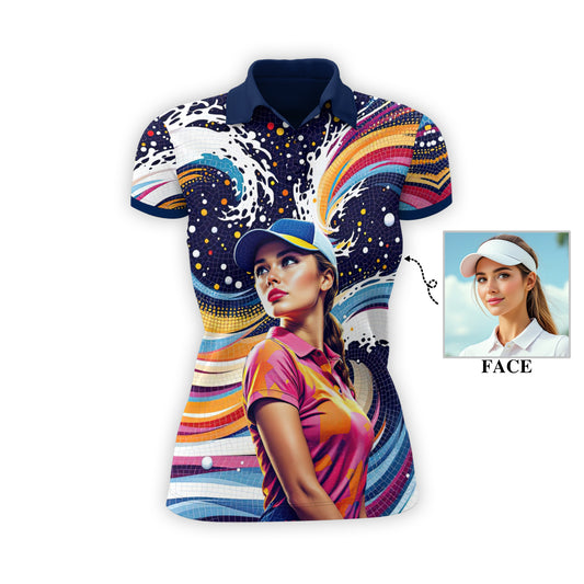 Custom Face Artistic Golf Polo Shirt for Women - Mosaic Design Style 22