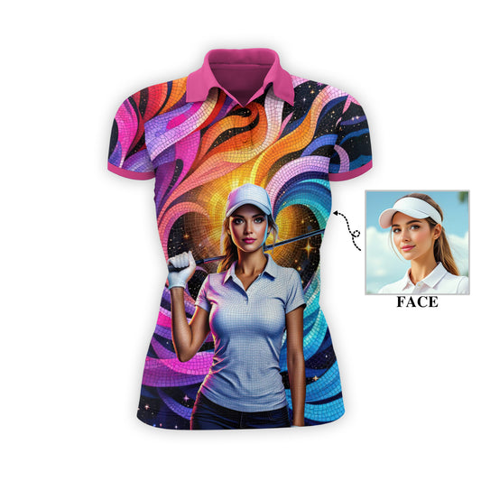 Custom Face Artistic Golf Polo Shirt for Women - Mosaic Design Style 2