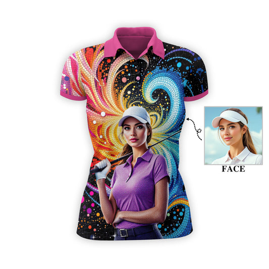 Custom Face Artistic Golf Polo Shirt for Women - Mosaic Design Style 4