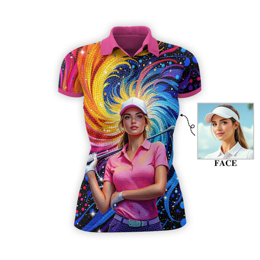 Custom Face Artistic Golf Polo Shirt for Women - Mosaic Design Style 5