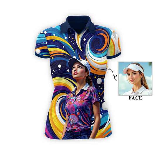 Custom Face Artistic Golf Polo Shirt for Women - Mosaic Design Style 21