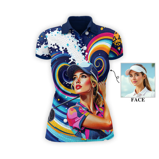 Custom Face Artistic Golf Polo Shirt for Women - Mosaic Design Style 25