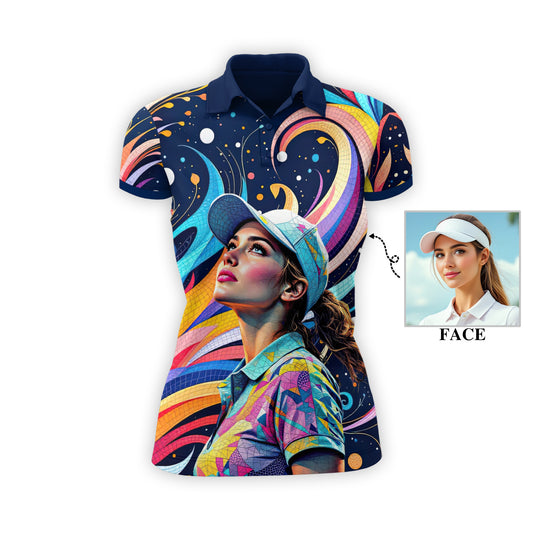 Custom Face Artistic Golf Polo Shirt for Women - Mosaic Design Style 17