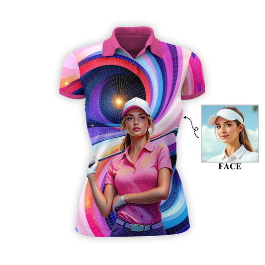 Custom Face Artistic Golf Polo Shirt for Women - Mosaic Design Style 9