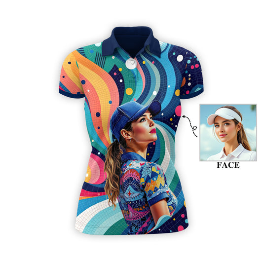 Custom Face Artistic Golf Polo Shirt for Women - Mosaic Design Style 26