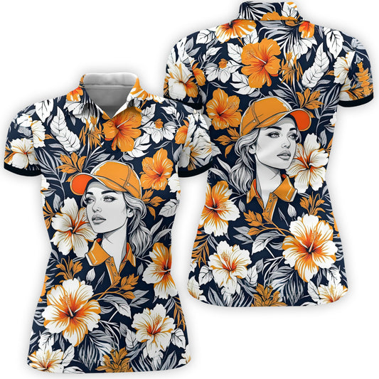 Women’s Custom Face Hibiscus Polo Shirt – Personalized Tropical Floral Polo, Unique Gift for Her, Stylish Custom Golf & Casual Wear Style 9