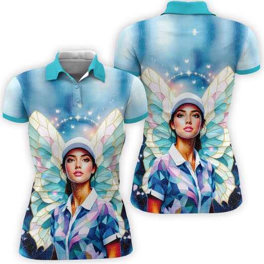 Custom Face Women’s Golf Polo Shirt – Spring Butterfly Mirage Art | Personalized Floral Fantasy Sports Shirt for Golfers Style 4