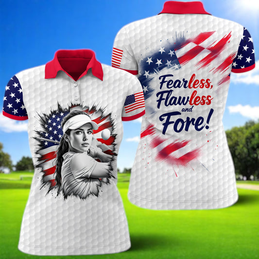 Custom Women’s Golf Polo Shirt – USA Flag Design with Personalized Face | Patriotic Sportswear for Female Golfers Style 6