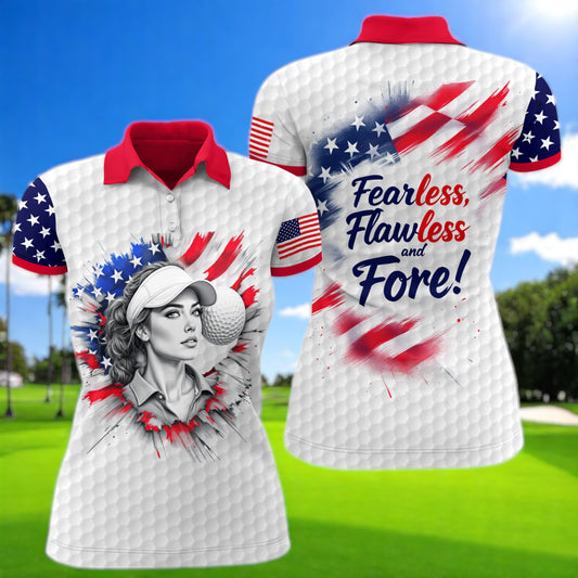 Custom Women’s Golf Polo Shirt – USA Flag Design with Personalized Face | Patriotic Sportswear for Female Golfers Style 1