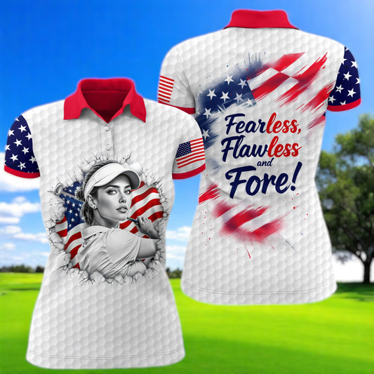 Custom Women’s Golf Polo Shirt – USA Flag Design with Personalized Face | Patriotic Sportswear for Female Golfers Style 3