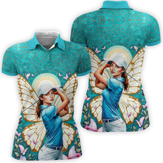 Custom Face Women’s Golf Polo Shirt – Spring Butterfly Mirage Art | Personalized Floral Fantasy Sports Shirt for Golfers Style 5