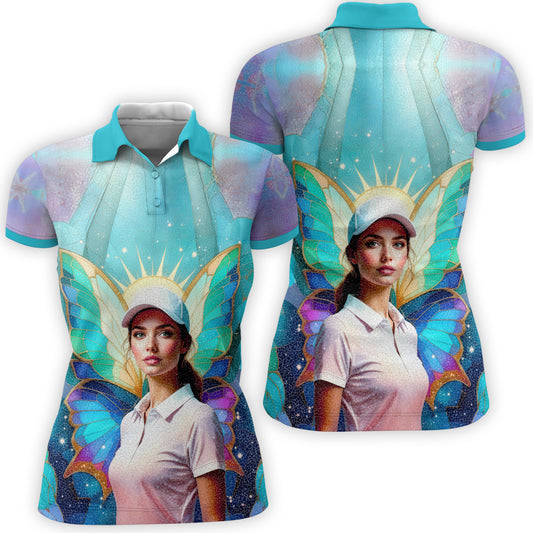 Custom Face Women’s Golf Polo Shirt – Spring Butterfly Mirage Art | Personalized Floral Fantasy Sports Shirt for Golfers Style 3