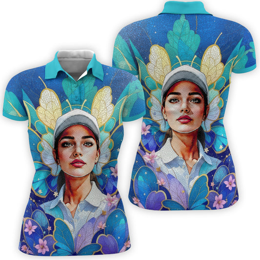 Custom Face Women’s Golf Polo Shirt – Spring Butterfly Mirage Art | Personalized Floral Fantasy Sports Shirt for Golfers Style 2