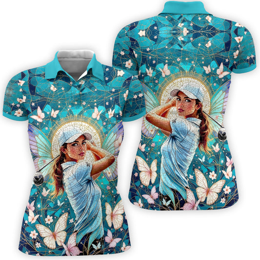 Custom Face Women’s Golf Polo Shirt – Spring Butterfly Mirage Art | Personalized Floral Fantasy Sports Shirt for Golfers Style 10