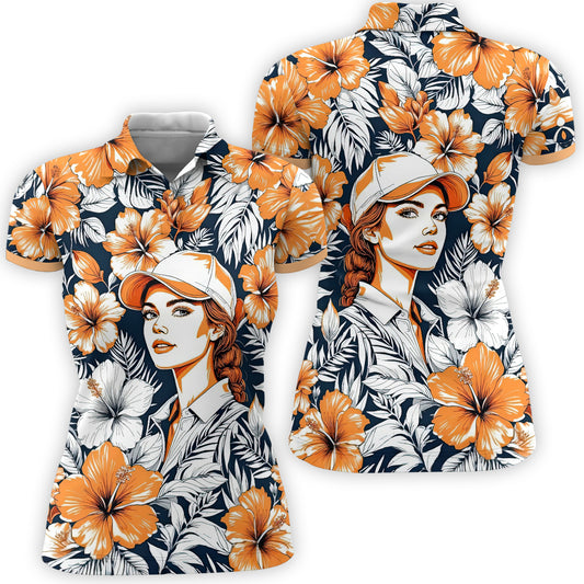 Women’s Custom Face Hibiscus Polo Shirt – Personalized Tropical Floral Polo, Unique Gift for Her, Stylish Custom Golf & Casual Wear Style 7