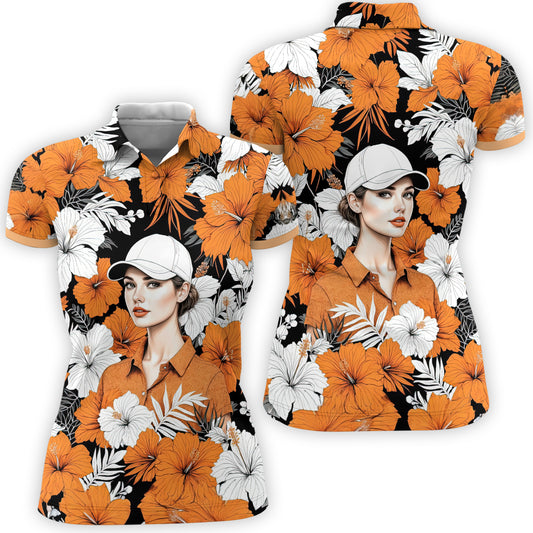 Women’s Custom Face Hibiscus Polo Shirt – Personalized Tropical Floral Polo, Unique Gift for Her, Stylish Custom Golf & Casual Wear Style 5
