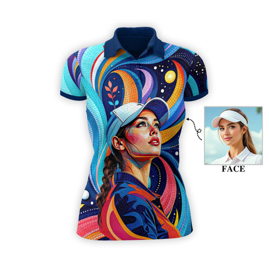 Custom Face Artistic Golf Polo Shirt for Women - Mosaic Design Style 13