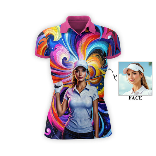 Custom Face Artistic Golf Polo Shirt for Women - Mosaic Design Style 3