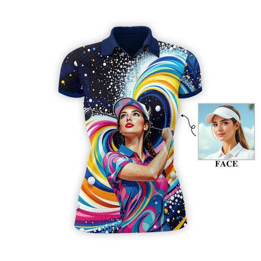Custom Face Artistic Golf Polo Shirt for Women - Mosaic Design Style 20