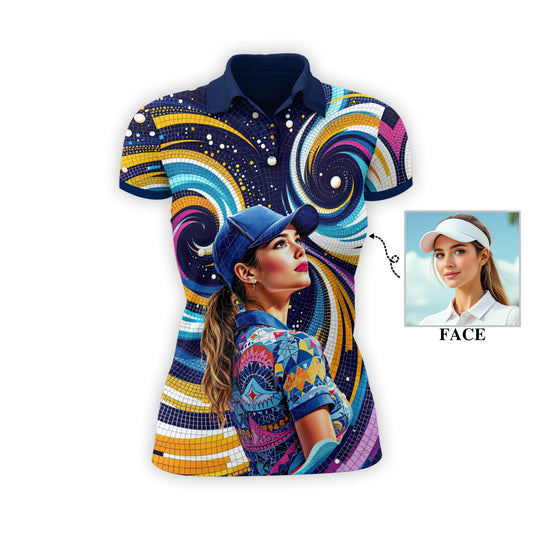 Custom Face Artistic Golf Polo Shirt for Women - Mosaic Design Style 23