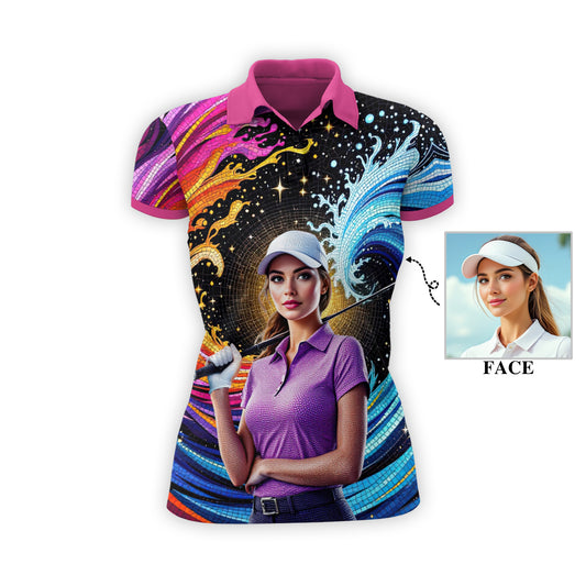 Custom Face Artistic Golf Polo Shirt for Women - Mosaic Design Style 6