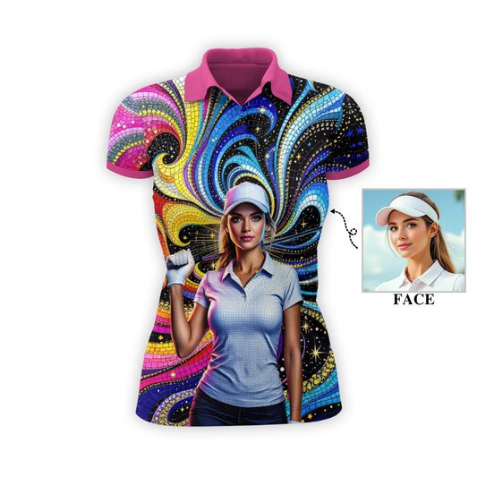 Custom Face Artistic Golf Polo Shirt for Women - Mosaic Design Style 8