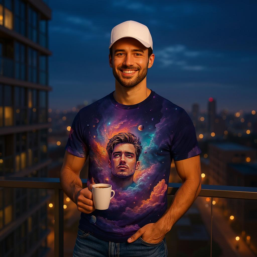 Custom Face Surreal Cosmic Art T-Shirt – Personalized Galaxy Universe Tee with Trippy Sci-Fi Design for Unique Gifts & Style
