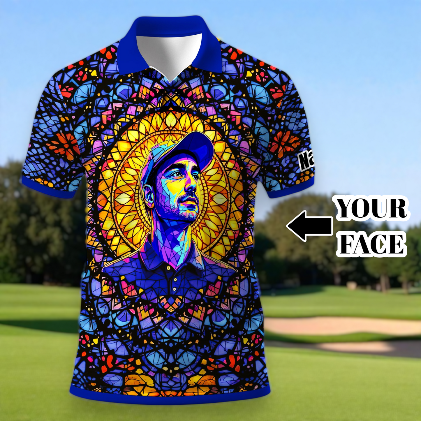 Custom Face Golf Polo Shirt – Personalized Stained Glass Mandala Style Polo, Unique Gift for Men & Women, Vibrant Artistic Golf Shirt, Custom Photo Polo