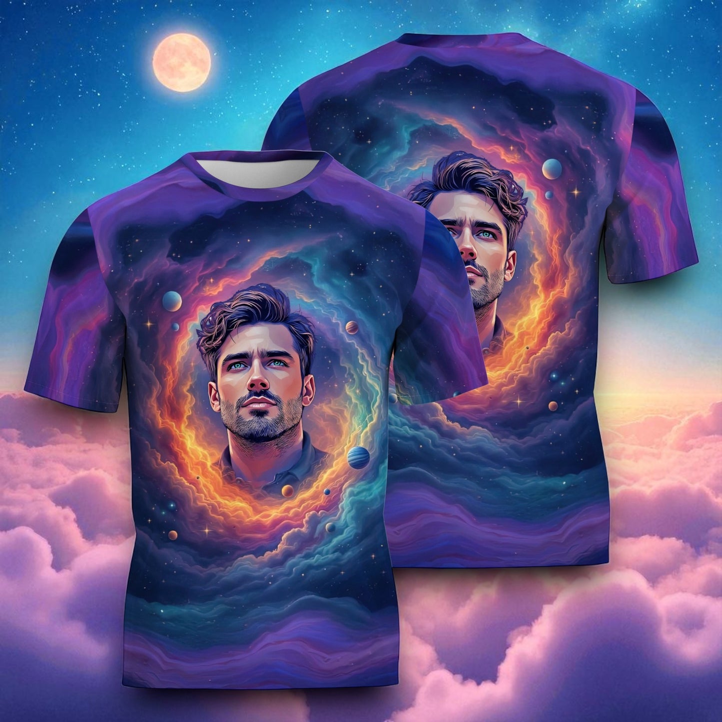 Custom Face Surreal Cosmic Art T-Shirt – Personalized Galaxy Universe Tee with Trippy Sci-Fi Design for Unique Gifts & Style