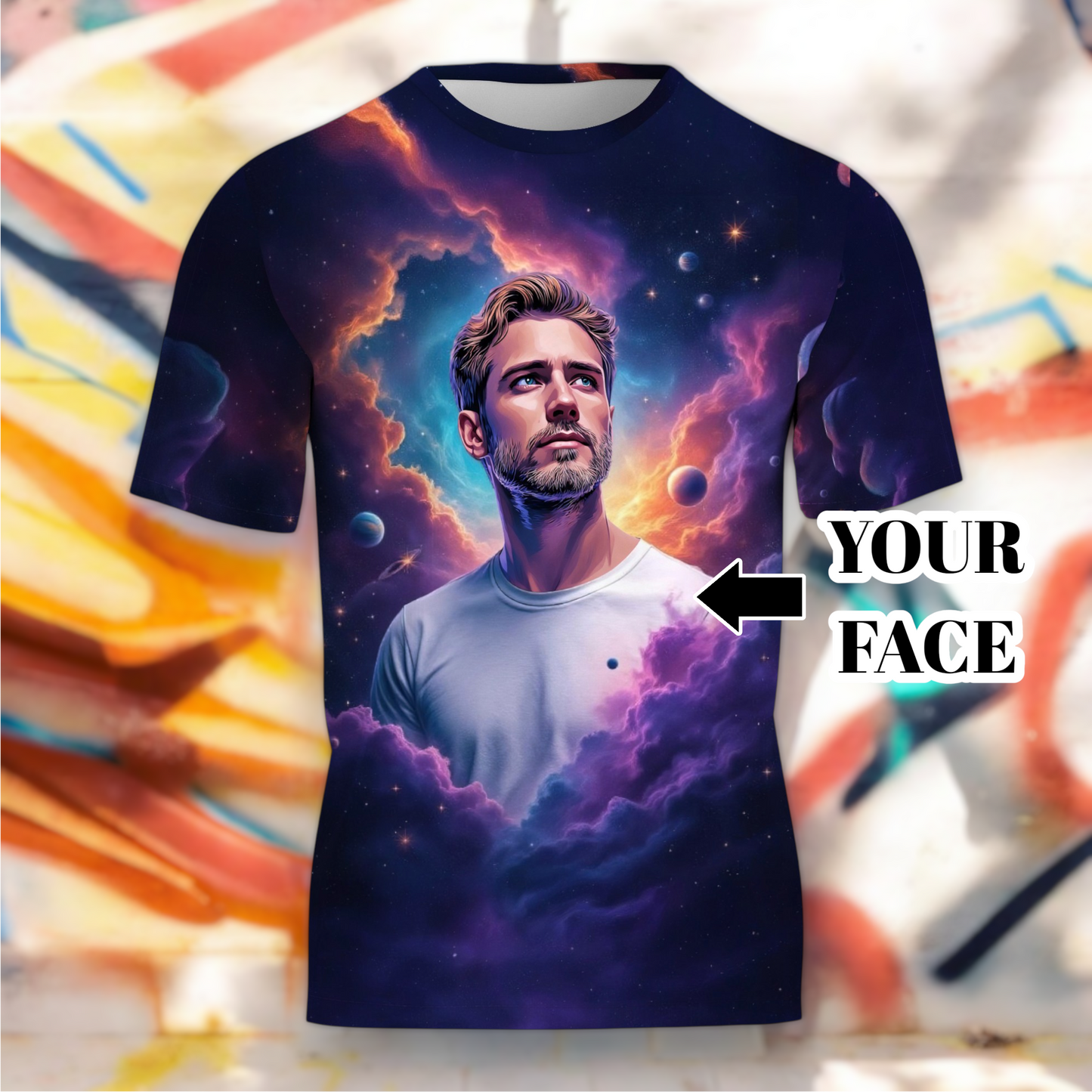 Custom Face Surreal Cosmic Art T-Shirt – Personalized Galaxy Universe Tee with Trippy Sci-Fi Design for Unique Gifts & Style