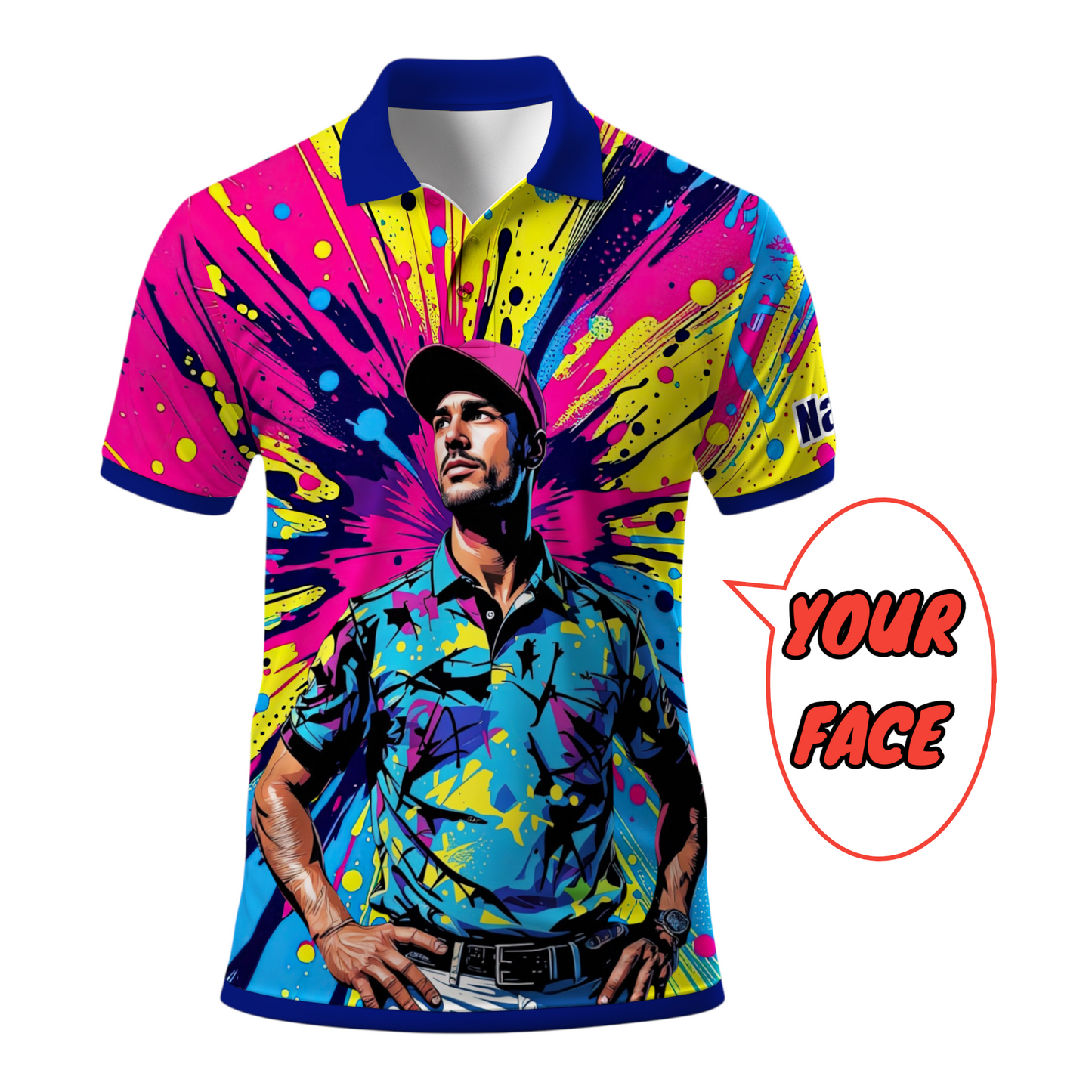 HomyGifts Men's Customized Face Artistic Golf Polo Shirt, Personalized Pop Art Golf Polo, Portrait Gift for Golfers Style 11