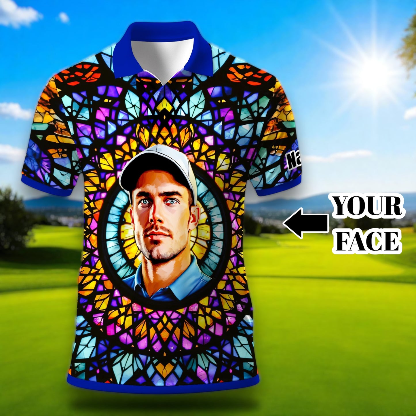 Custom Face Golf Polo Shirt – Personalized Stained Glass Mandala Style Polo, Unique Gift for Men & Women, Vibrant Artistic Golf Shirt, Custom Photo Polo