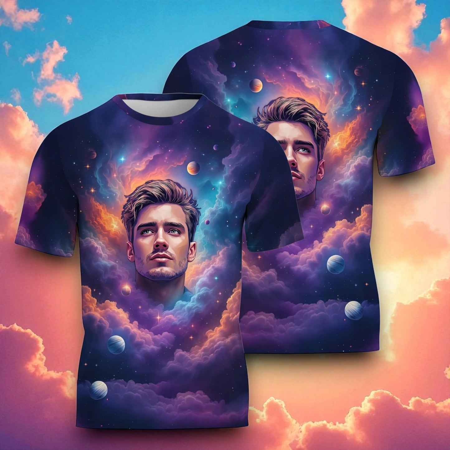 Custom Face Surreal Cosmic Art T-Shirt – Personalized Galaxy Universe Tee with Trippy Sci-Fi Design for Unique Gifts & Style