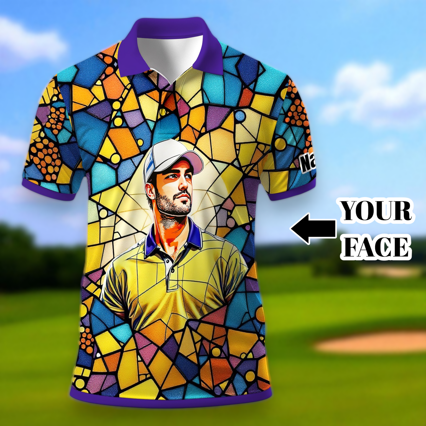 Custom Face Golf Polo Shirt – Personalized Stained Glass Art Shirt, Unique Golf Gift for Him, Colorful Abstract Golf Polo, Custom Sportswear