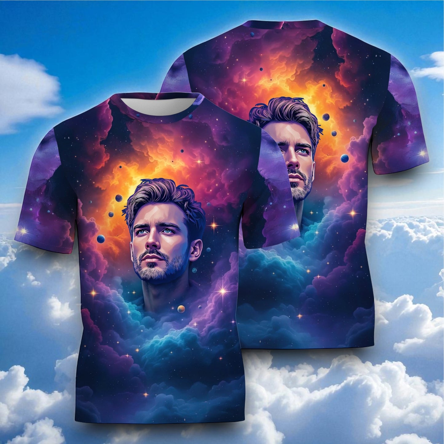 Custom Face Surreal Cosmic Art T-Shirt – Personalized Galaxy Universe Tee with Trippy Sci-Fi Design for Unique Gifts & Style