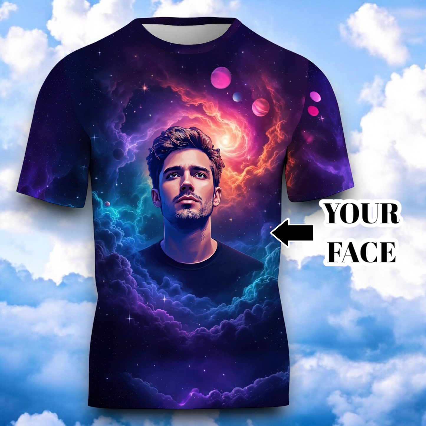 Custom Face Surreal Cosmic Art T-Shirt – Personalized Galaxy Universe Tee with Trippy Sci-Fi Design for Unique Gifts & Style