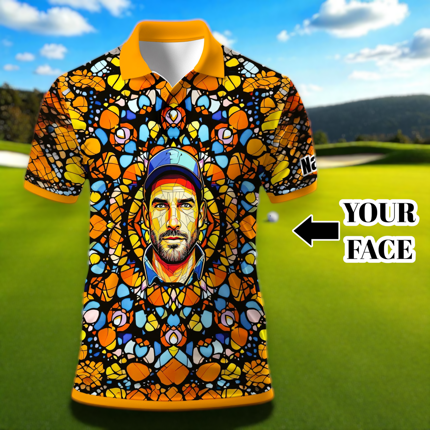 Custom Face Golf Polo Shirt – Personalized Stained Glass Mandala Style Polo, Unique Gift for Men & Women, Vibrant Artistic Golf Shirt, Custom Photo Polo