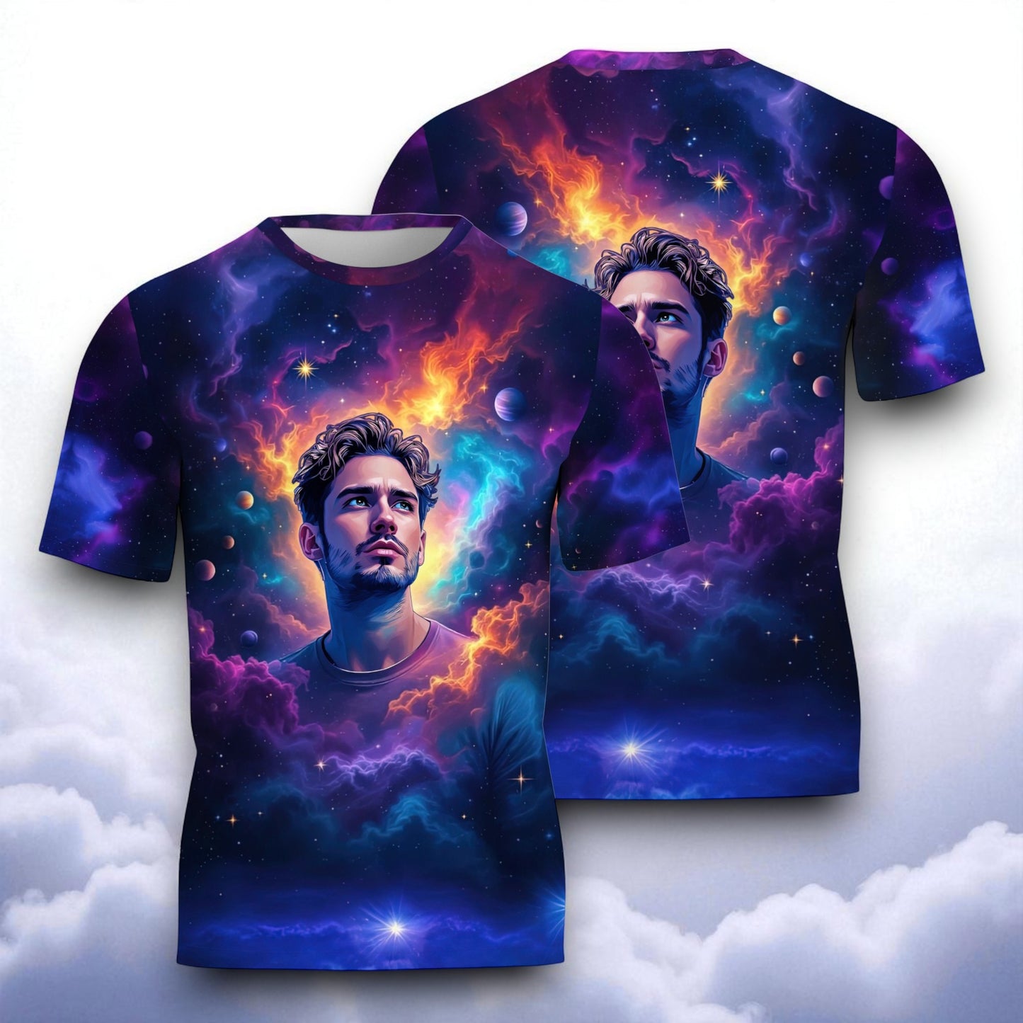 Custom Face Surreal Cosmic Art T-Shirt – Personalized Galaxy Universe Tee with Trippy Sci-Fi Design for Unique Gifts & Style