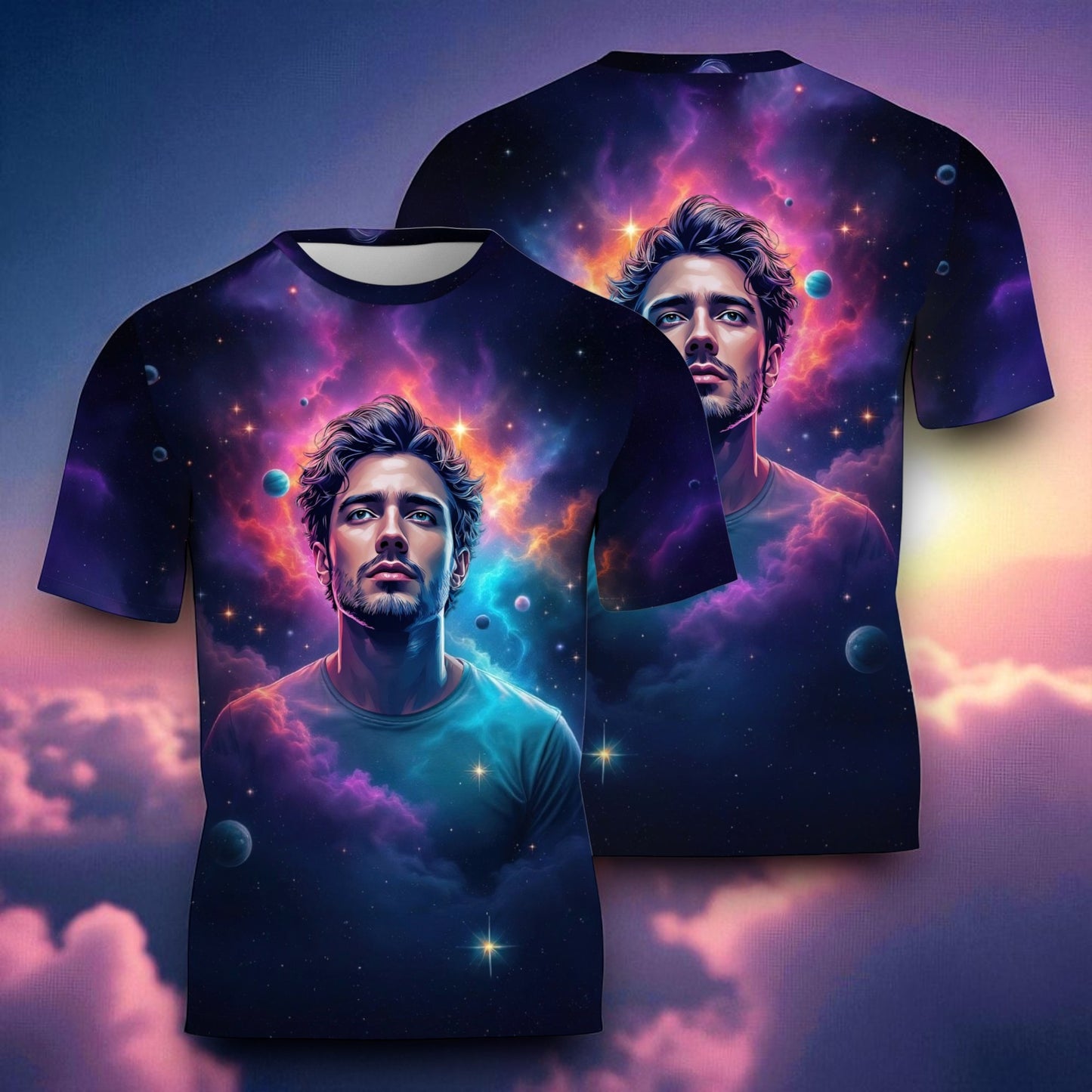 Custom Face Surreal Cosmic Art T-Shirt – Personalized Galaxy Universe Tee with Trippy Sci-Fi Design for Unique Gifts & Style