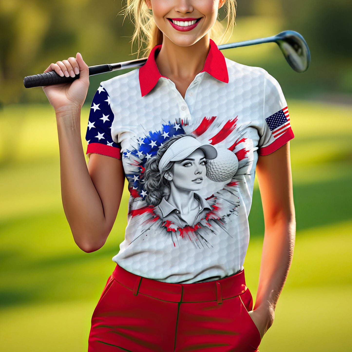 Custom Women’s Golf Polo Shirt – USA Flag Design with Personalized Face | Patriotic Sportswear for Female Golfers Style 1