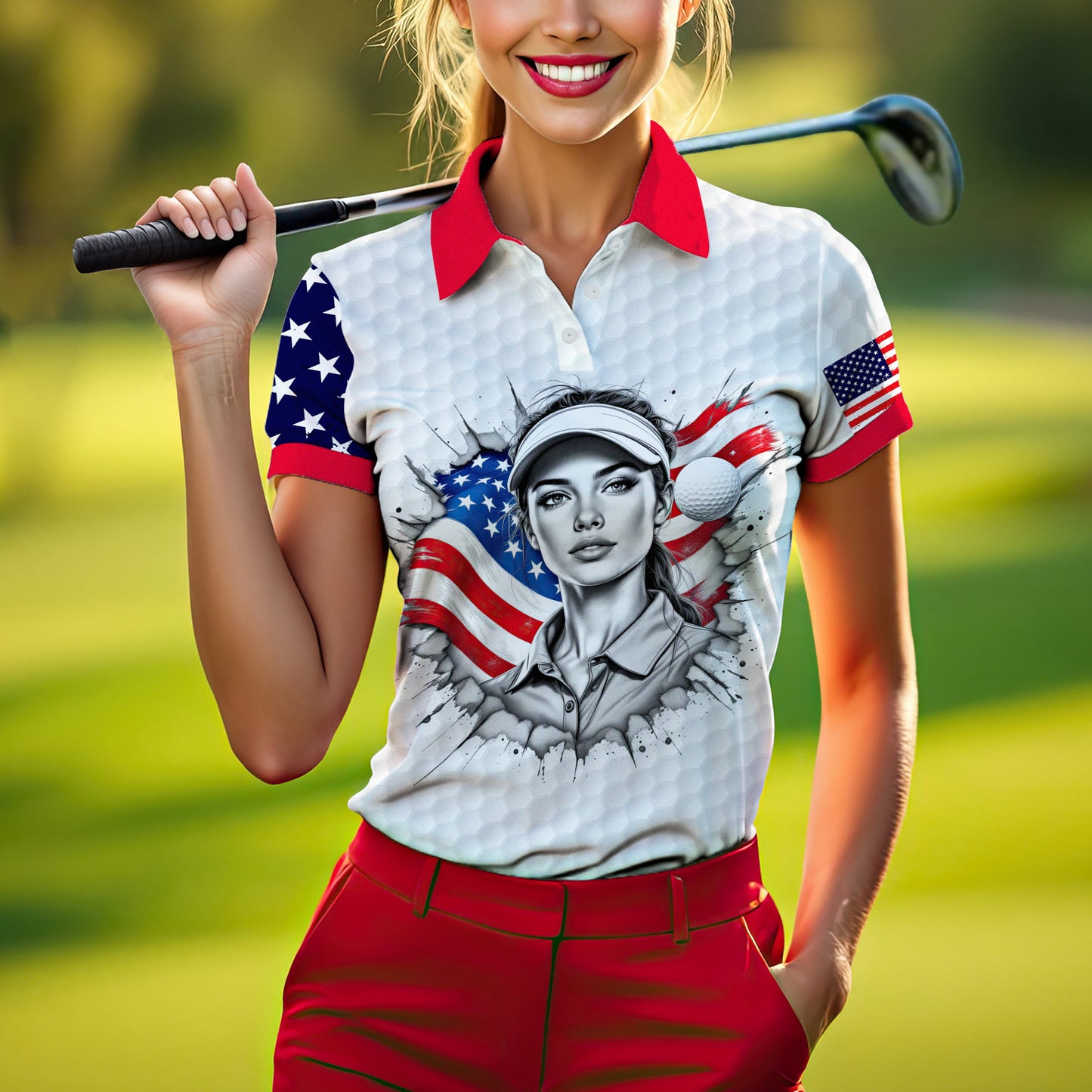 Custom Women’s Golf Polo Shirt – USA Flag Design with Personalized Face | Patriotic Sportswear for Female Golfers Style 2