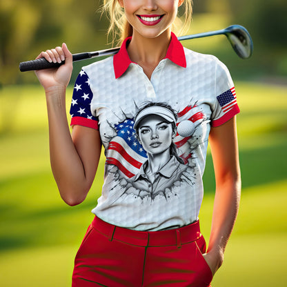 Custom Women’s Golf Polo Shirt – USA Flag Design with Personalized Face | Patriotic Sportswear for Female Golfers Style 2