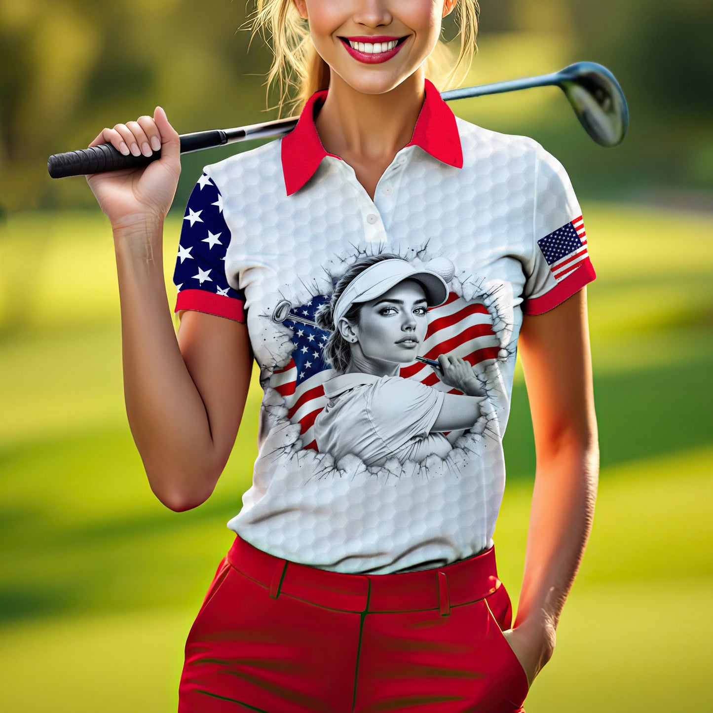Custom Women’s Golf Polo Shirt – USA Flag Design with Personalized Face | Patriotic Sportswear for Female Golfers Style 3