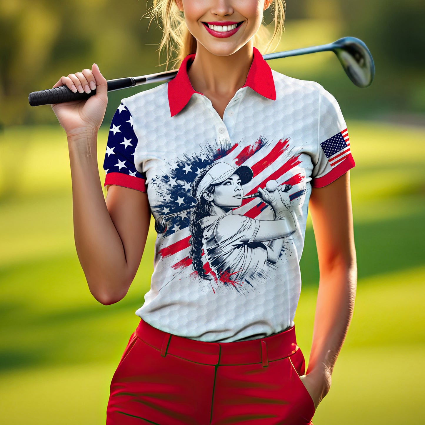 Custom Women’s Golf Polo Shirt – USA Flag Design with Personalized Face | Patriotic Sportswear for Female Golfers Style 4