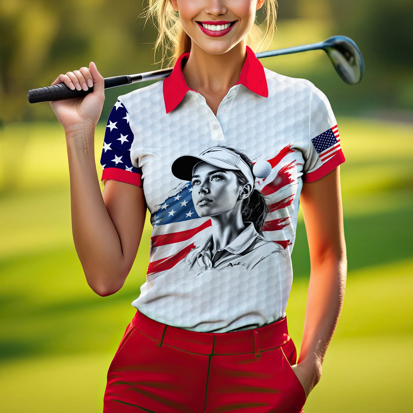 Custom Women’s Golf Polo Shirt – USA Flag Design with Personalized Face | Patriotic Sportswear for Female Golfers Style 5